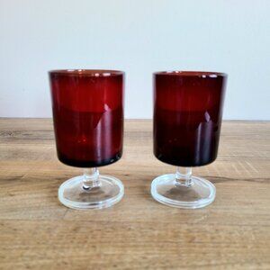 Set of 2 ruby red glass goblets France. Retro kitchen. Footed red wine glasses.
